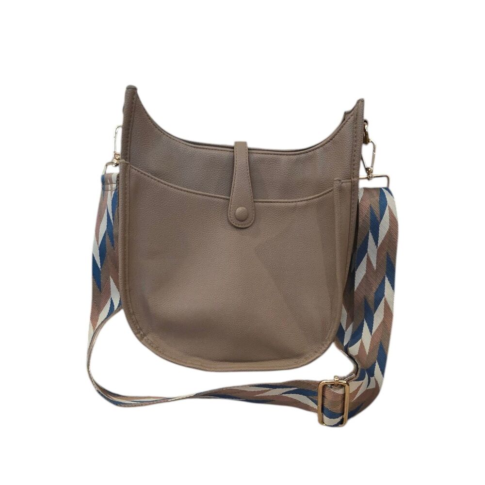 Ah-Dorned Taupe Vegan Leather Crossbody Bag Boho Western Purse w/ Chevron Strap